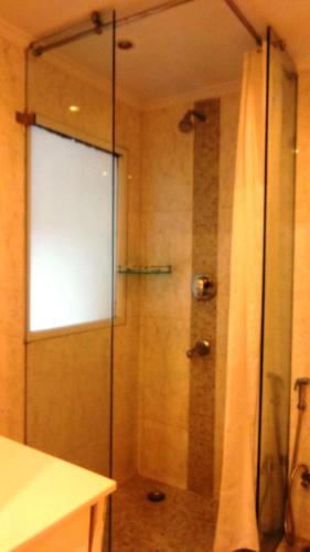 a shower with a glass door in a bathroom at Hotel Bright in New Delhi