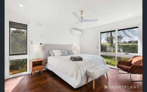 Yarra Valley farmstay - wine views في Tarrawarra: غرفة نوم بيضاء مع سرير كبير ونوافذ