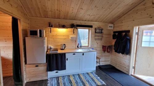 a kitchen with a refrigerator and a sink in a cabin at Webers Tiny House in Rentjärn