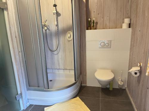 un bagno con doccia e WC di Ferienwohnung Kugler a Grafrath