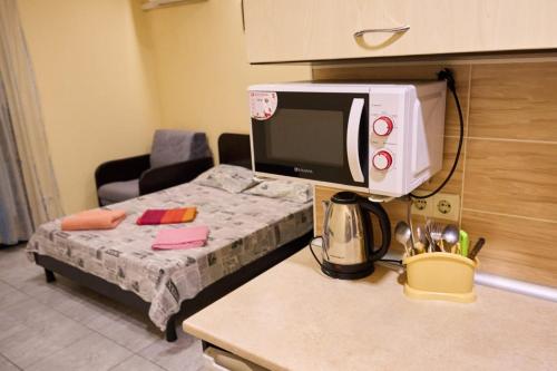 Apartment in the city centr Bursatsky descent في خاركوف: غرفة مع مطبخ مع ميكروويف على منضدة