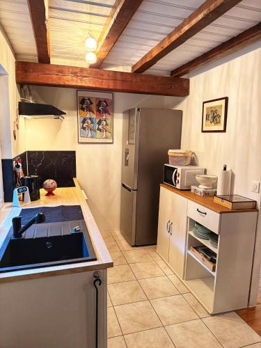 a kitchen with a sink and a refrigerator at Chez l'Alsacienne in Andlau