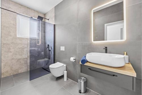 a bathroom with a sink and a toilet and a shower at Villa Karolina by Villa Plus in Štokovci