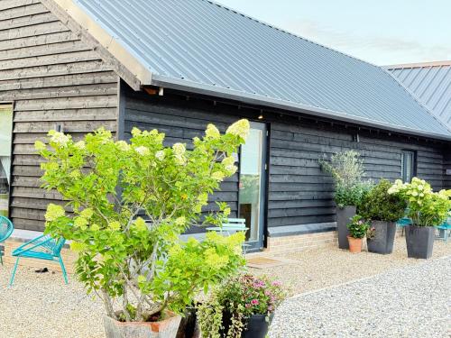a black house with potted plants in front of it at One Granary Barns near Stansted Airport in Elsenham