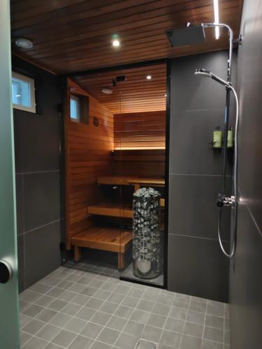 a shower in a bathroom with a wooden wall at ArticLoft Kemi in Kemi
