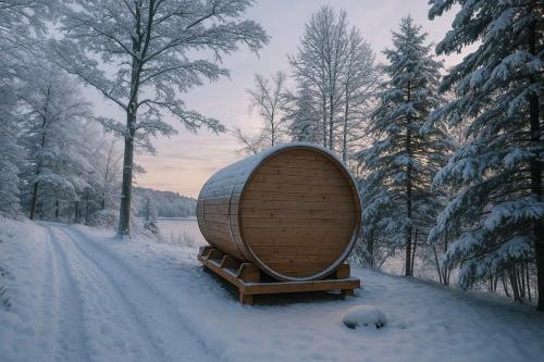 Un gran barril sentado en un banco en la nieve. en Lakefront Barrel in Parry Sound #16, en Parry Sound