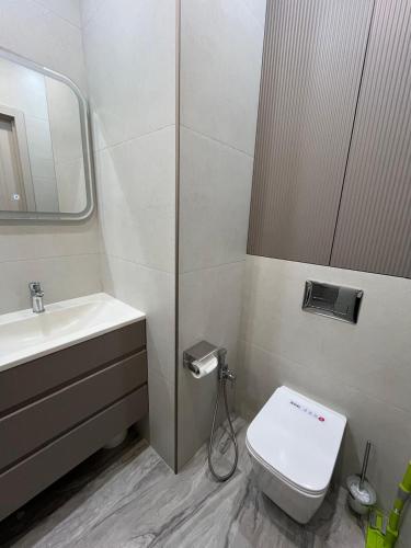 a bathroom with a sink and a toilet and a mirror at Инжу Сити in Karagandy