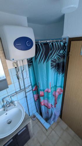 a bathroom with a sink and a shower curtain at Ferienwohnung Bergstraße Hammermühle in Bad Düben