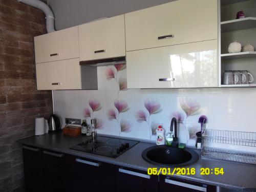 una cucina con lavandino e armadietti bianchi di Dezzaray2 a Ventspils