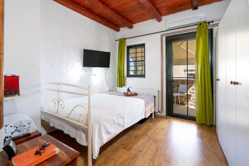 a bedroom with a bed and a television in it at Spitaki traditional house in Vóroi