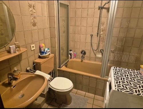 Hafenperle Ferienwohnung am Alten Stadthafen in Oldenburg - Zentrale City Lage في أولدنبورغ: حمام مع مرحاض ومغسلة ودش