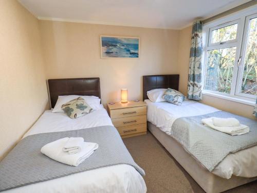 two twin beds in a room with a window at Kingfisher Lodge - Arnside 14 in Carnforth