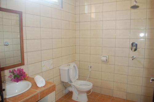 a bathroom with a toilet and a sink at Regency Inn Tudor in Mwandoni