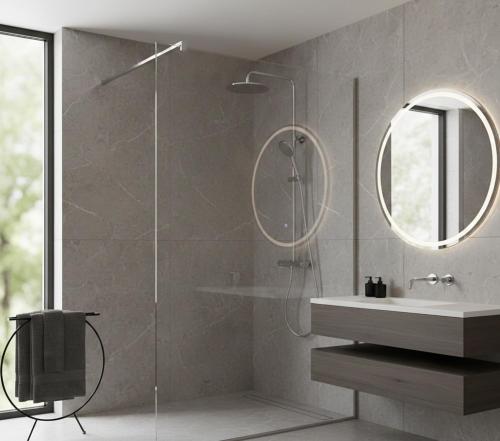 a bathroom with a shower with a sink and a mirror at Görgülü Apart 06 in Mamak