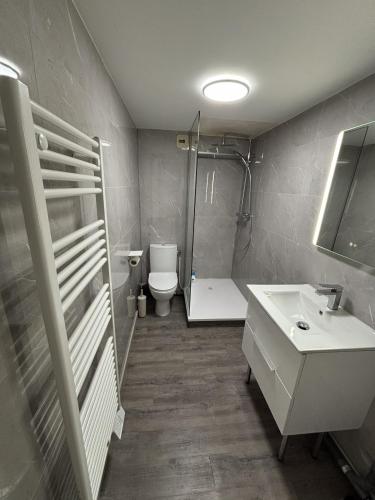 a bathroom with a shower and a toilet and a sink at Rêve de plage in Camiers