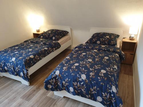 twee bedden in een kleine kamer met twee lampen bij Ferienwohnung Nr 2 am Hambach in Falkenbach