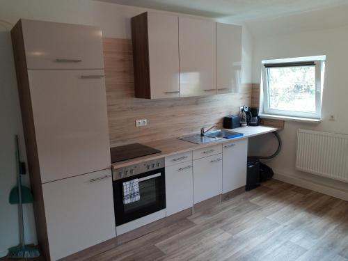 een keuken met witte kasten en een spoelbak bij Ferienwohnung Nr 2 am Hambach in Falkenbach