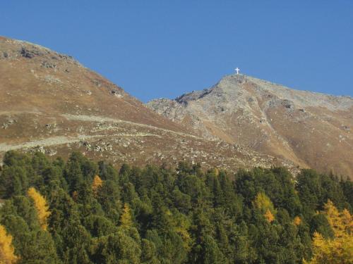 a cross on top of a mountain with trees at Apart Garten Lutz in Prutz