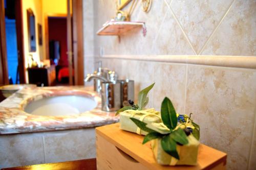a bathroom with a sink and a counter with a plant at Mi casa es tu casa 79 in Portoscuso