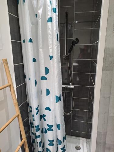 a shower curtain with blue footprints on it in a bathroom at Le studio d' EMI in Argelès-Gazost