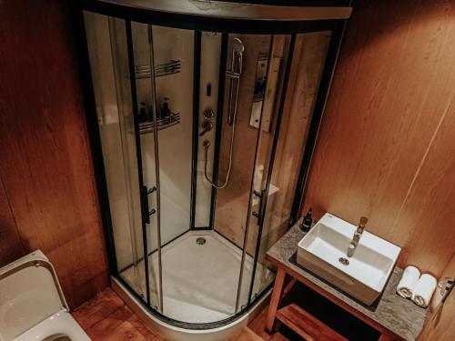 The Himalayan Tyangboche في Lukla: حمام مع دش ومغسلة ومرحاض