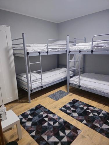 2 literas en una habitación con alfombra en Monteurwohnung Ferienwohnung, en Velbert