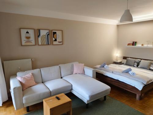 Ένα ή περισσότερα κρεβάτια σε δωμάτιο στο Grünerbalkon Ferienappartement