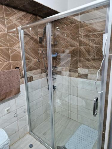 a shower with a glass door in a bathroom at Diamond Apartment 2-Luxury in Strumica