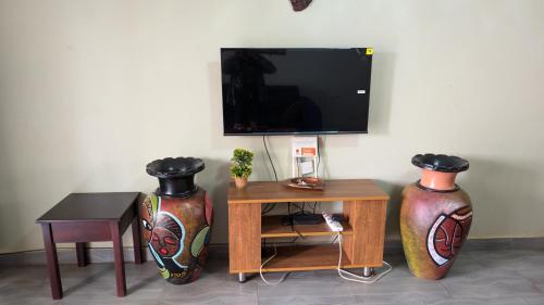 two vases sitting next to a table and a tv at NL Josephine's Apartment in Kampala