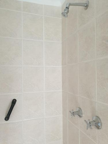 a shower with a shower head in a bathroom at Hibiscus B&B in Strand