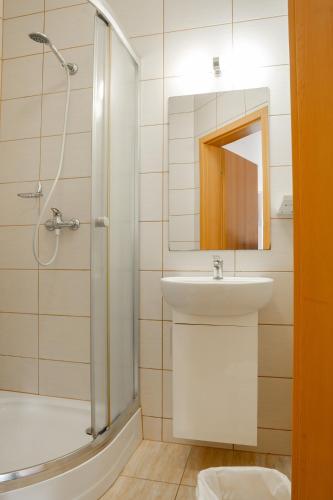 a bathroom with a sink and a shower and a mirror at Aneta in Grzybowo