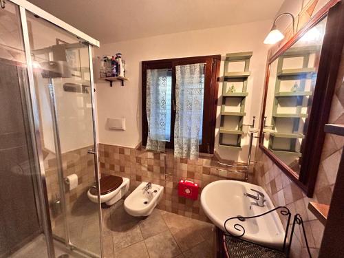 B&B Ginepro blu في بورتوسكوسو: حمام مع دش ومغسلة ومرحاض