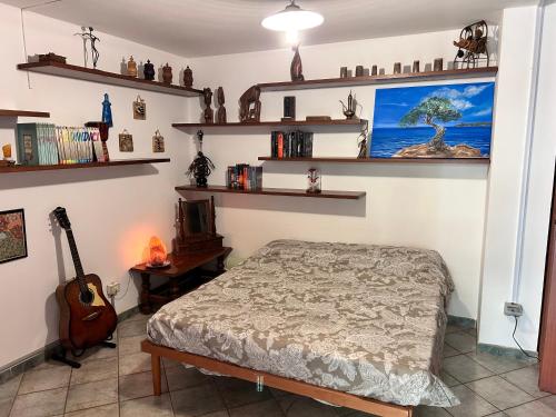 B&B Ginepro blu في بورتوسكوسو: غرفة نوم بها سرير وجيتار ورفوف