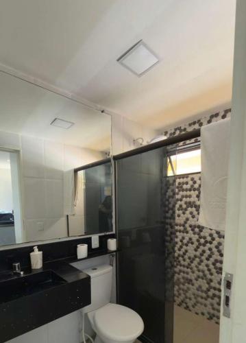 a bathroom with a toilet and a sink and a shower at Resort Flat Gavoa in Igarassu