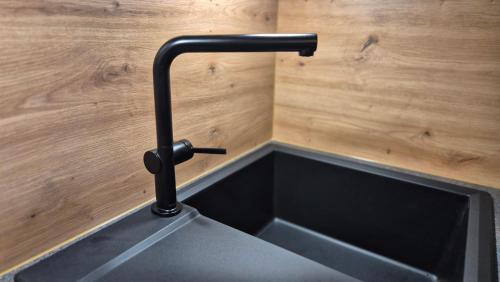 a kitchen sink with a black faucet on a wooden wall at die Harmonie in Nauders