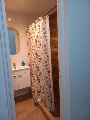 ein Bad mit einem Duschvorhang mit einem Waschbecken in der Unterkunft Rincón del cielo in Mar del Plata