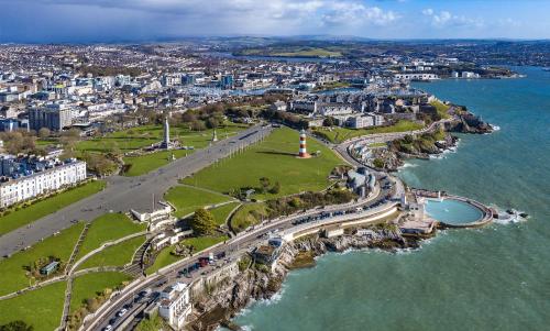 an aerial view of a city next to the water at City & Station Stays at Gulland House by Pureserviced in Plymouth