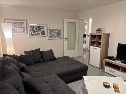 Cozy 2-room non-smoking apartment في بينسهايم: غرفة معيشة مع أريكة وتلفزيون