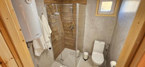 a bathroom with a toilet and a glass shower at Perłowy Port in Gąski