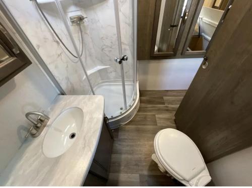 a bathroom with a toilet and a sink and a shower at Luxury Oceanfront Trailer Home Cerritos in San Carlos