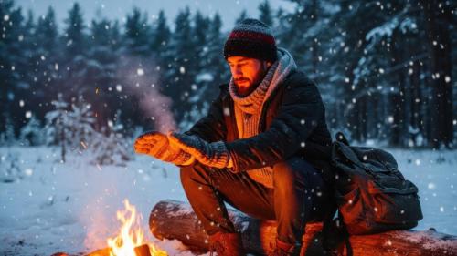Ein Mann sitzt im Schnee um ein Lagerfeuer. in der Unterkunft Riverfront Cottage Sauna Canoe Included Kids Playroom Nature Escape in Wasaga Beach