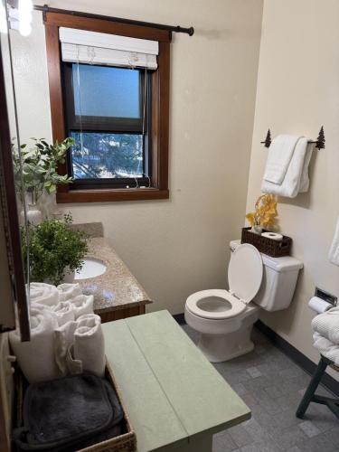 a bathroom with a toilet and a sink and a window at Lakeside Condo Close to Slopes Excellent Location in Tahoe Vista