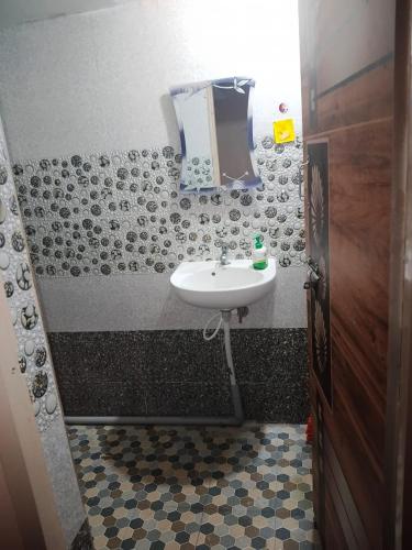a bathroom with a sink and a mirror at Manvitha Homestay in New Hampi