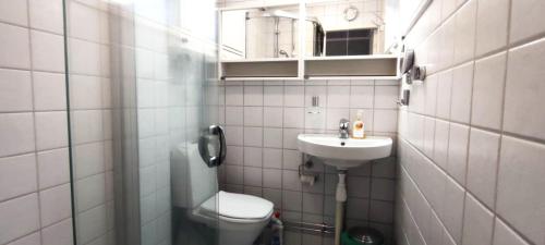 Stay central & close to the sea in Henån SE09155 في Näset: حمام صغير مع مرحاض ومغسلة