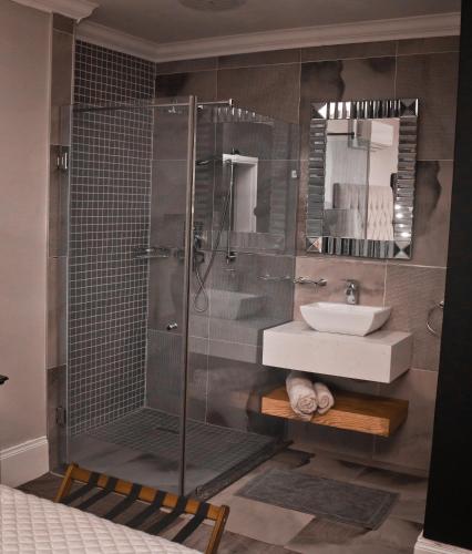 a bathroom with a shower and a sink at Peggie's Boutique Hotel in King Williamʼs Town