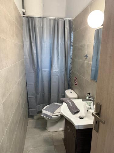 a bathroom with a toilet and a sink and a shower at Demis Sea Breeze Apartment in Artemida