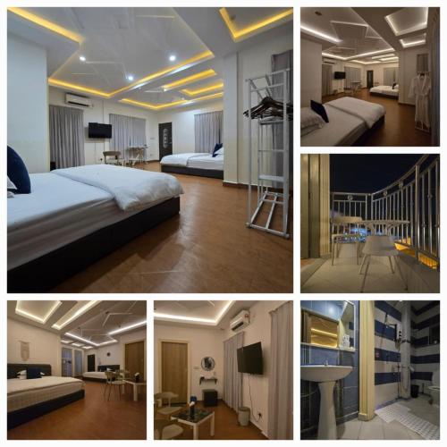 a collage of four pictures of a hotel room at Magnificent White House Semporna by The Minimalist in Semporna