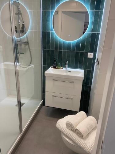 a bathroom with a toilet and a sink and a mirror at Studio Premium Haguenau cosy, tout équipé, calme, balcon in Haguenau