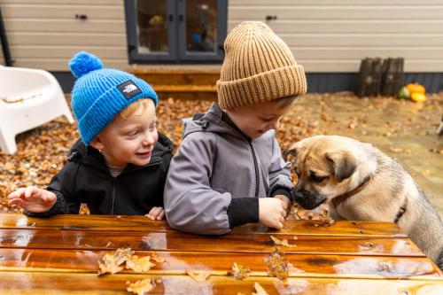 two children and a dog eating leaves at a bench at 't Veluws Nest - Knus Chalet Veluwe - Hoenderloo, Honden welkom in Hoenderloo