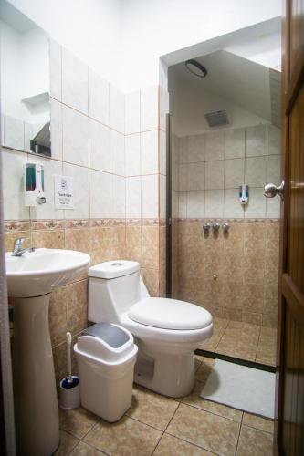 a bathroom with a toilet and a sink and a shower at Ceiba Hostel in Fortuna